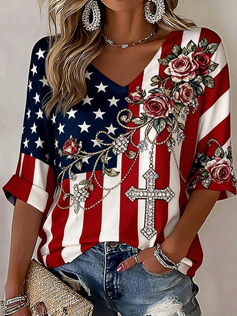 Down shoulder V-neck seven-quarter sleeve 3D printed women's top T-shirt m302844