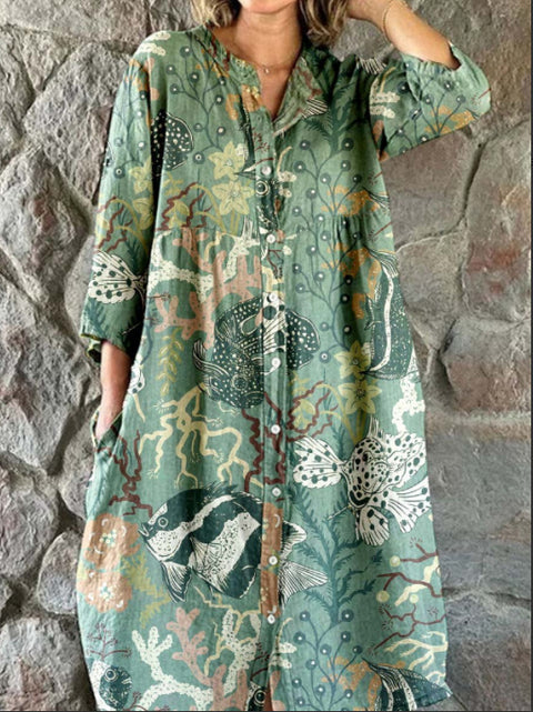 Women's Loose Crew Neck Fashion Premium Long Sleeve Printed Shirt Dress m301050