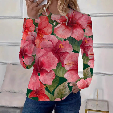 Women's Loose Fashion Retro Classic Printed Crew Neck Long Sleeve T-Shirt m301237