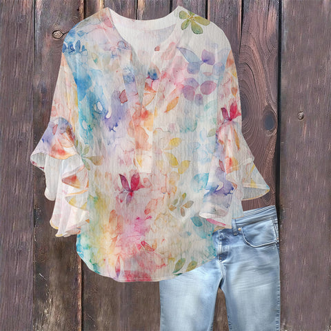 Creative floral element printing digital printing casual trend V-neck lotus edge T-shirt women's m301769