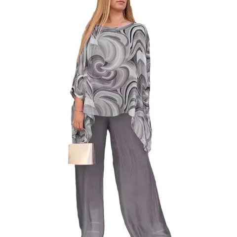 Color chiffon set casual crew neck printing two-piece set m302315