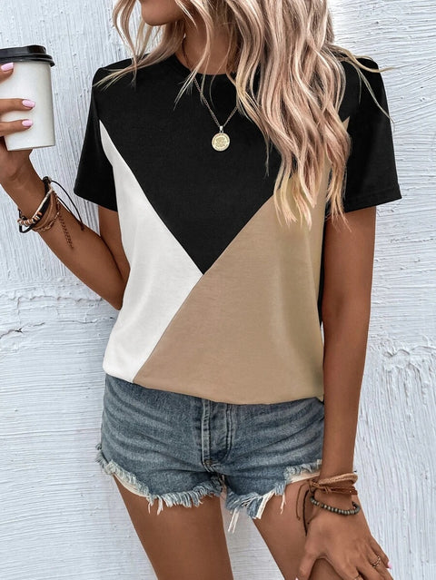 New contrasting color splicing crew neck T-shirt loose casual top m302621