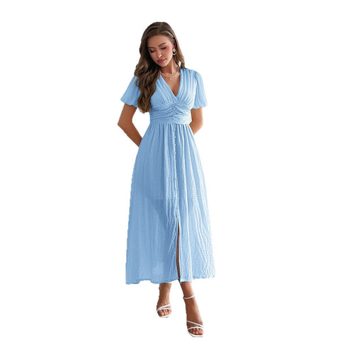 Holiday style deep V short sleeve long dress dress m301395