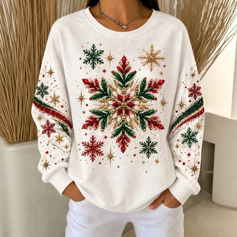 Snowflake print crew neck long-sleeved casual pullover sweater FF303508