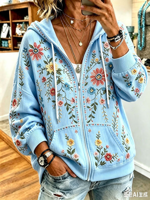 Sequin floral elements 3D digital printing loose casual hooded sweater m303215