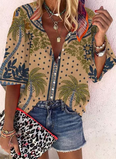 Fashion summer European and American women's clothing stand-up collar loose button retro printed casual shirt m301723