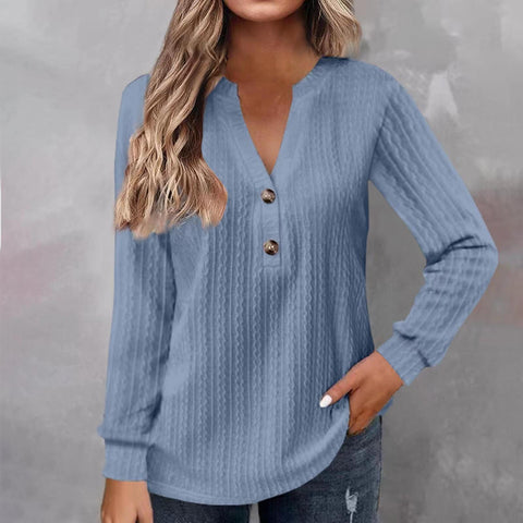 New long-sleeved solid color V-neck button-down T-shirt top m302223