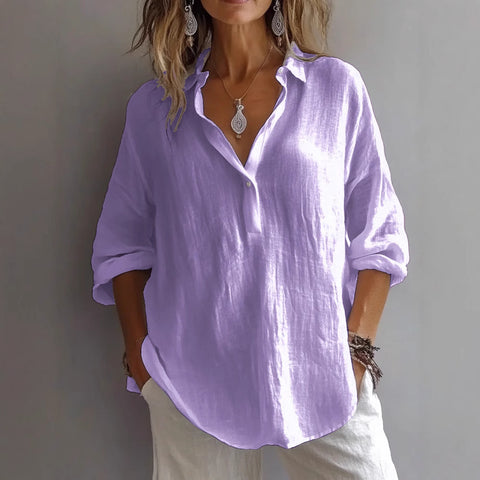 Solid color casual loose long-sleeved linen V-neck shirt m301732