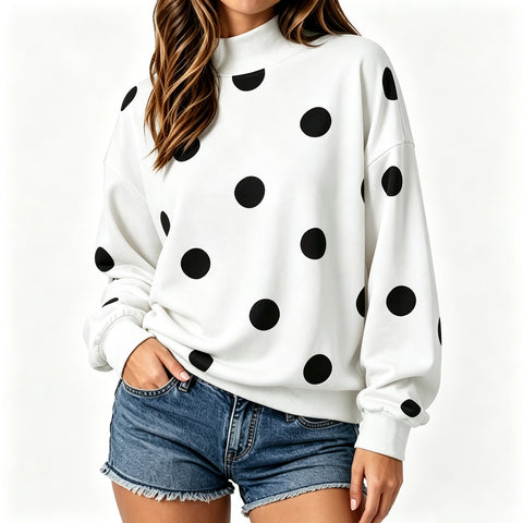Polka dot print loose pullover sweater long sleeve casual versatile top m303221