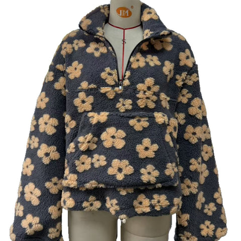 New fashion imitation lamb wool print loose zipper sweater long sleeve top m302113