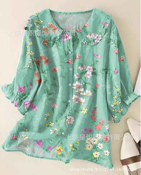 Linglong hemp 3D digital printing abstract, women's long-sleeved buckle lapel shirt m303181