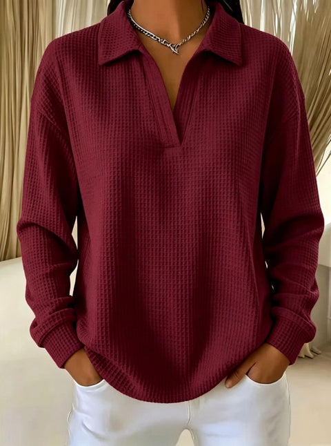 Waffle Lapel Long Sleeve Polo Top m303214