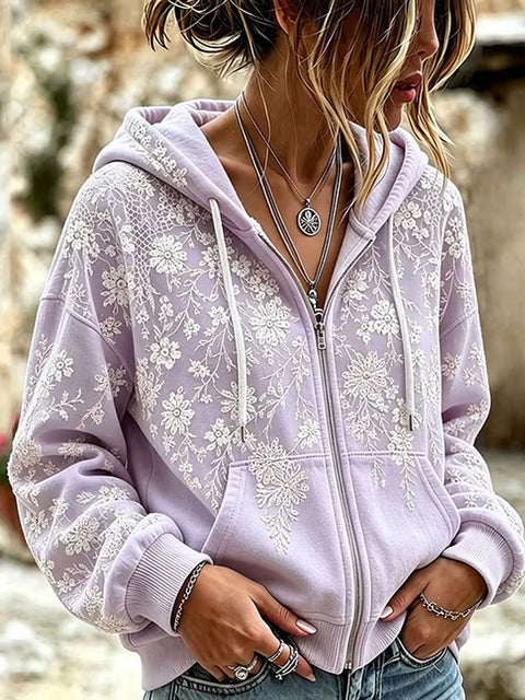 Sequin floral elements 3D digital printing loose casual hooded sweater m303215