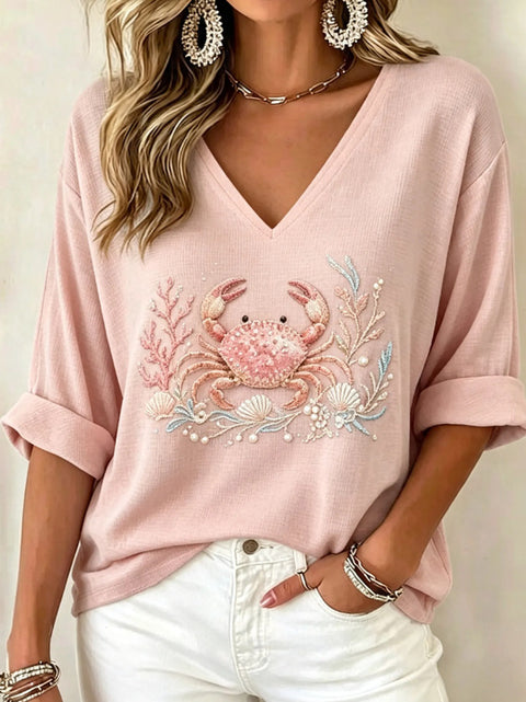 Shoulder V-neck long-sleeved pullover print women's T-shirt m303200
