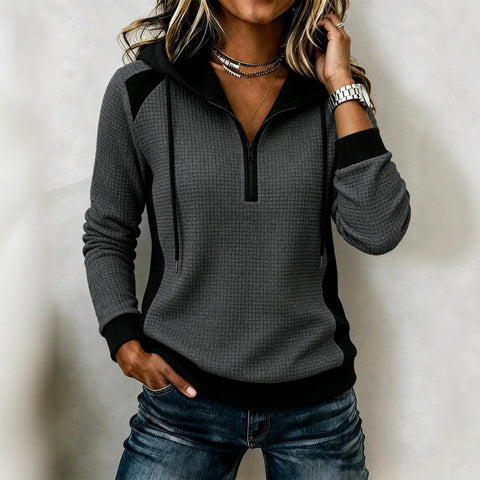 Waffle half-zipper hooded sweatshirt for women, autumn/winter long-sleeve casual top FF303443