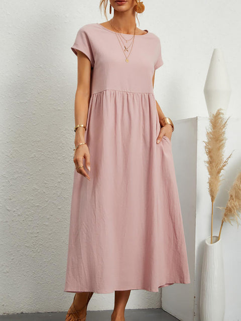 Sleeveless loose cotton and linen pocket dress m301061