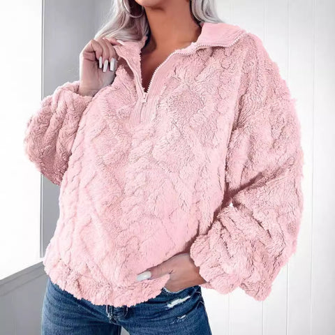 Simple solid color half zipper stand-up collar loose plush pullover m300436