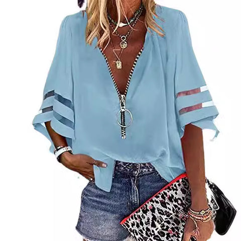 V-neck zipper shirt half-flared sleeve mesh splicing loose casual shirt women's m300887