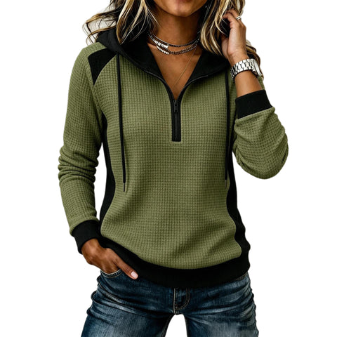 Waffle half-zipper hooded sweatshirt for women, autumn/winter long-sleeve casual top FF303443