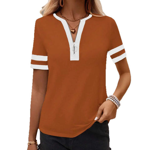 Solid color spliced zipper top fashion casual T-shirt women's m301770