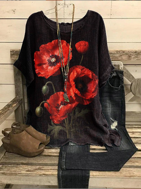 Loose round neck short-sleeved cotton and linen top women's m301281