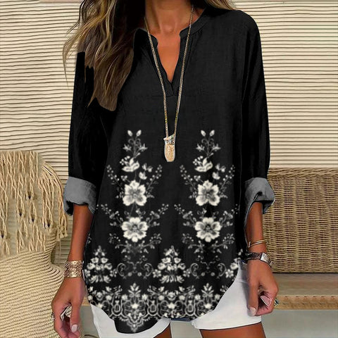 Loose 3D Printed V-Neck Shirt Long Sleeve T-Shirt m301360