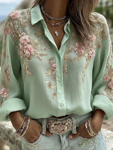 Flower lapel long-sleeved button-down women's shirt m303076
