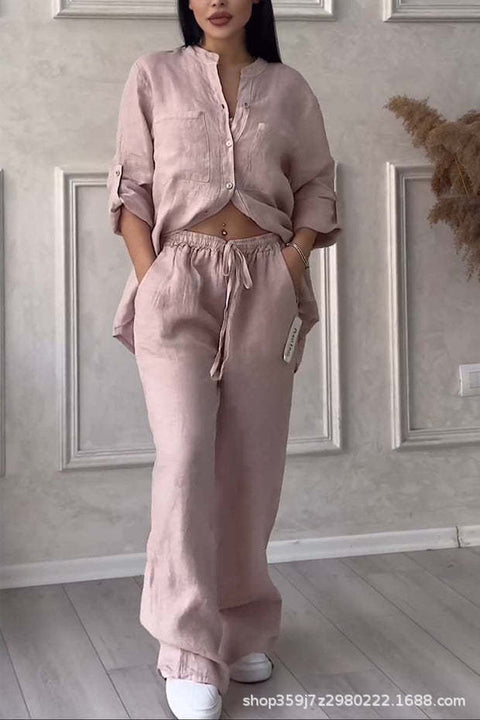 Casual cotton and linen solid color shirt drawstring wide-leg pants set m302317