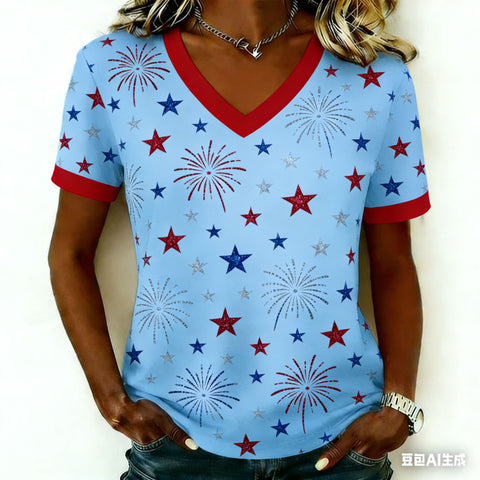 Women's short-sleeved Independence Day commemorative elements retro digital printing T-shirt m302361