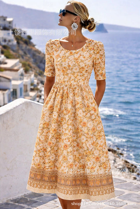 3D printed crew neck floral art holiday dress m303038