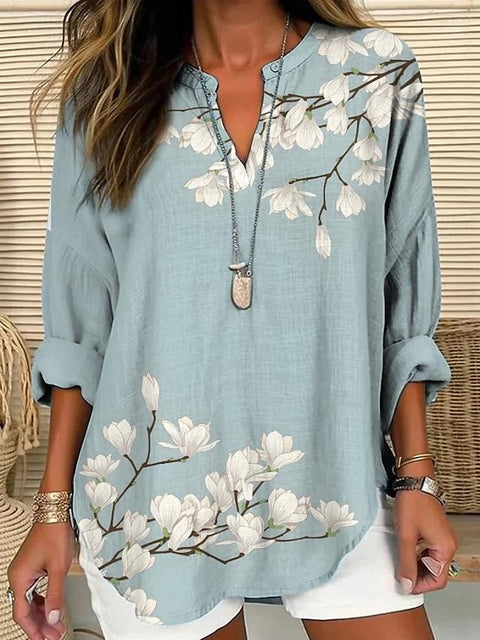 Small V-neck long-sleeved floral simple casual temperament T-shirt m302763