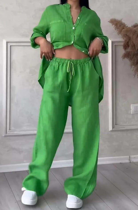 Casual cotton and linen solid color shirt drawstring wide-leg pants set m302317