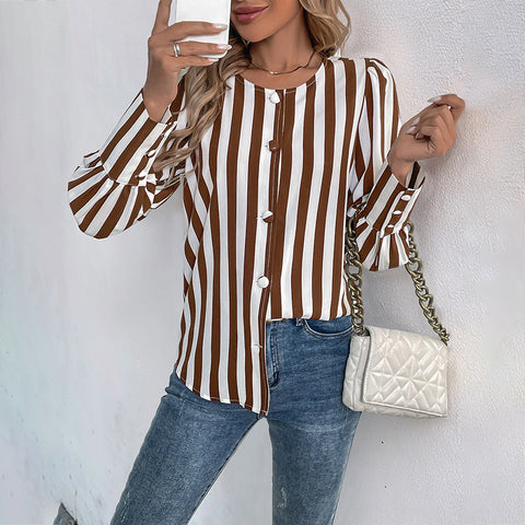 V-neck single-breasted cardigan striped contrasting long-sleeved women's shirt m300818