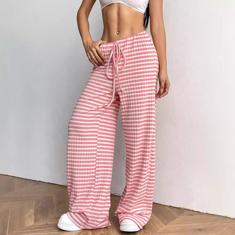New casual striped solid color rubber band pull rope cotton straight pants m301650