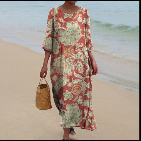 Women's Crew Neck Long Printed Casual Fashion Women's Dress m301059