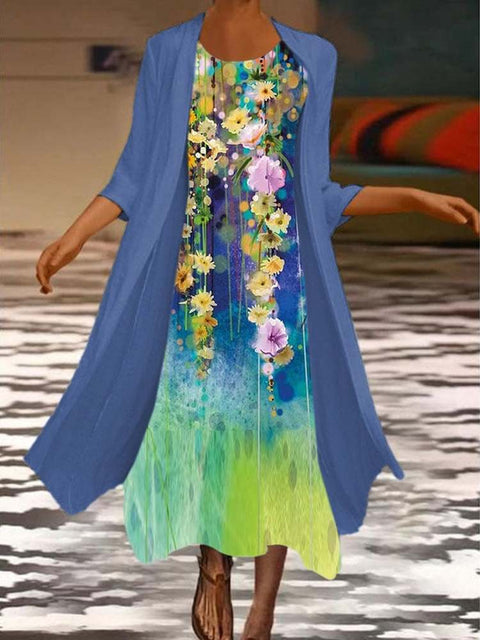 New women's long dress two-piece set flower and grass print crew neck dress m301251