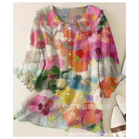 Linglong hemp 3D digital printing abstract, women's long-sleeved buckle lapel shirt m303181