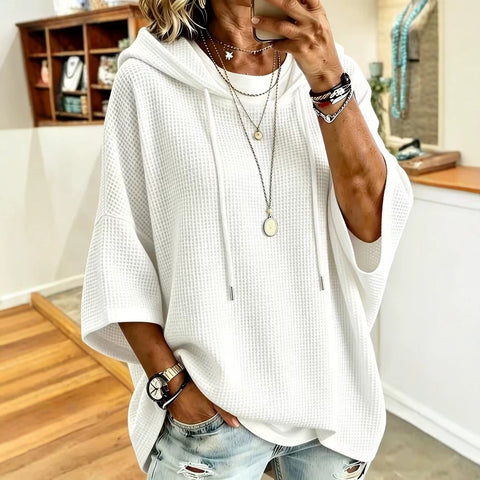 Knitted hooded drawstring sweater waffle with loose m303063