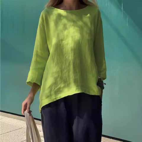 Women's nine-quarter sleeve crew neck cotton and linen loose shirt top m302007