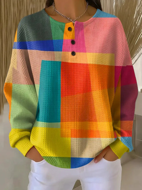 3D-Digitaldruck lockeres lässiges Waffel-Stehkragen-Langarmshirt m303065