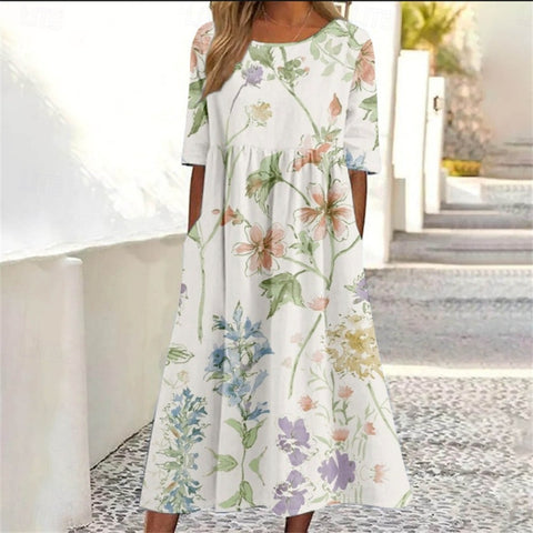 Ladies Casual Crew Neck Pullover Short Sleeve 3D Printing Pleated Waist Swing Long Dress Dress m301299