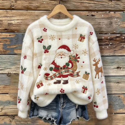 Christmas cartoon old man reindeer print flannel women sweater FF303511