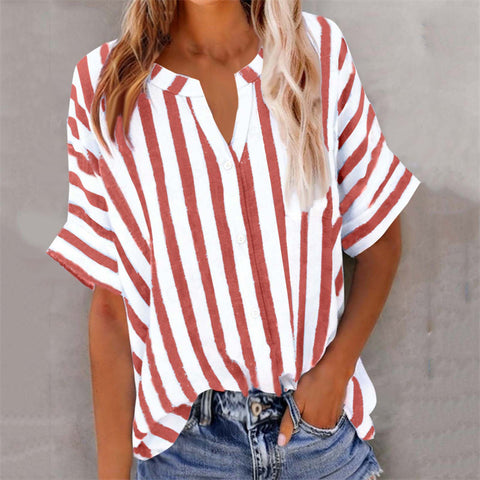Women's top shirt loose casual V-neck button striped contrasting short sleeve m302416