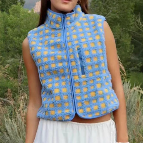 Women's Waffle Fleece Vest Sleeveless Turtleneck Zip-Up Vest Top m302135