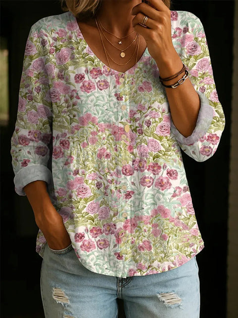 Crew Neck Women's Floral 3D Printed Women's Henley Shirt m302611