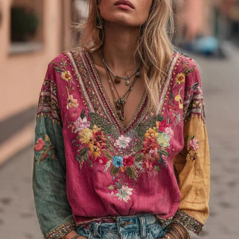 Ladies Casual Vintage Bohemian V-Neck Top Ethnic Style Long Sleeve m301956