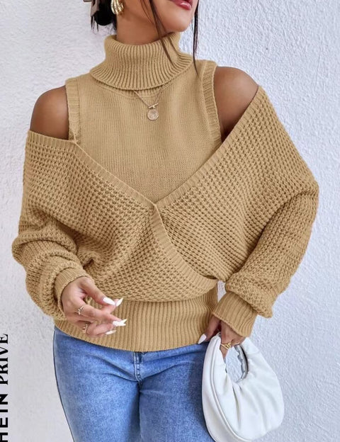 Autumn and winter turtleneck off-the-shoulder sweater, gentle wind, high-end sense, solid color knitted double-layer design sense, long-sleeved women's clothing m301923