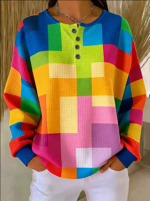 3D-Digitaldruck lockeres lässiges Waffel-Stehkragen-Langarmshirt m303065