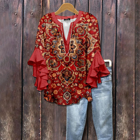 Digital printing casual trend V-neck lotus edge T-shirt women's m302725-1