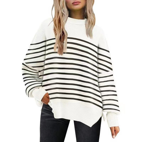 Crew neck bat wing long-sleeved sweater autumn knitted side slit jumper m301590